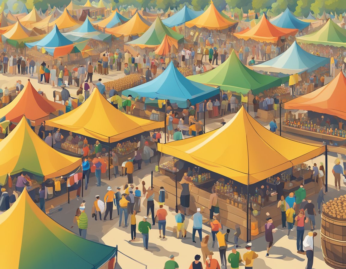 A bustling beer festival with rows of colorful tents, people sampling various brews, and a lively atmosphere filled with laughter and clinking glasses