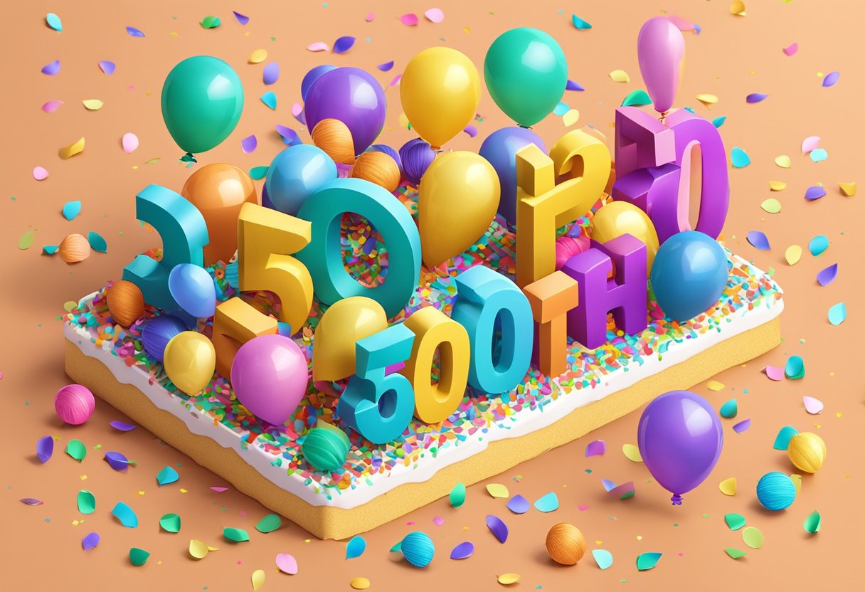 A colorful birthday cake with "Happy 50th Birthday" written in bold letters, surrounded by confetti and balloons