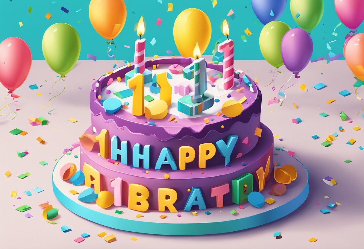 A colorful birthday cake with "Happy 1st Birthday" written on it, surrounded by balloons and confetti
