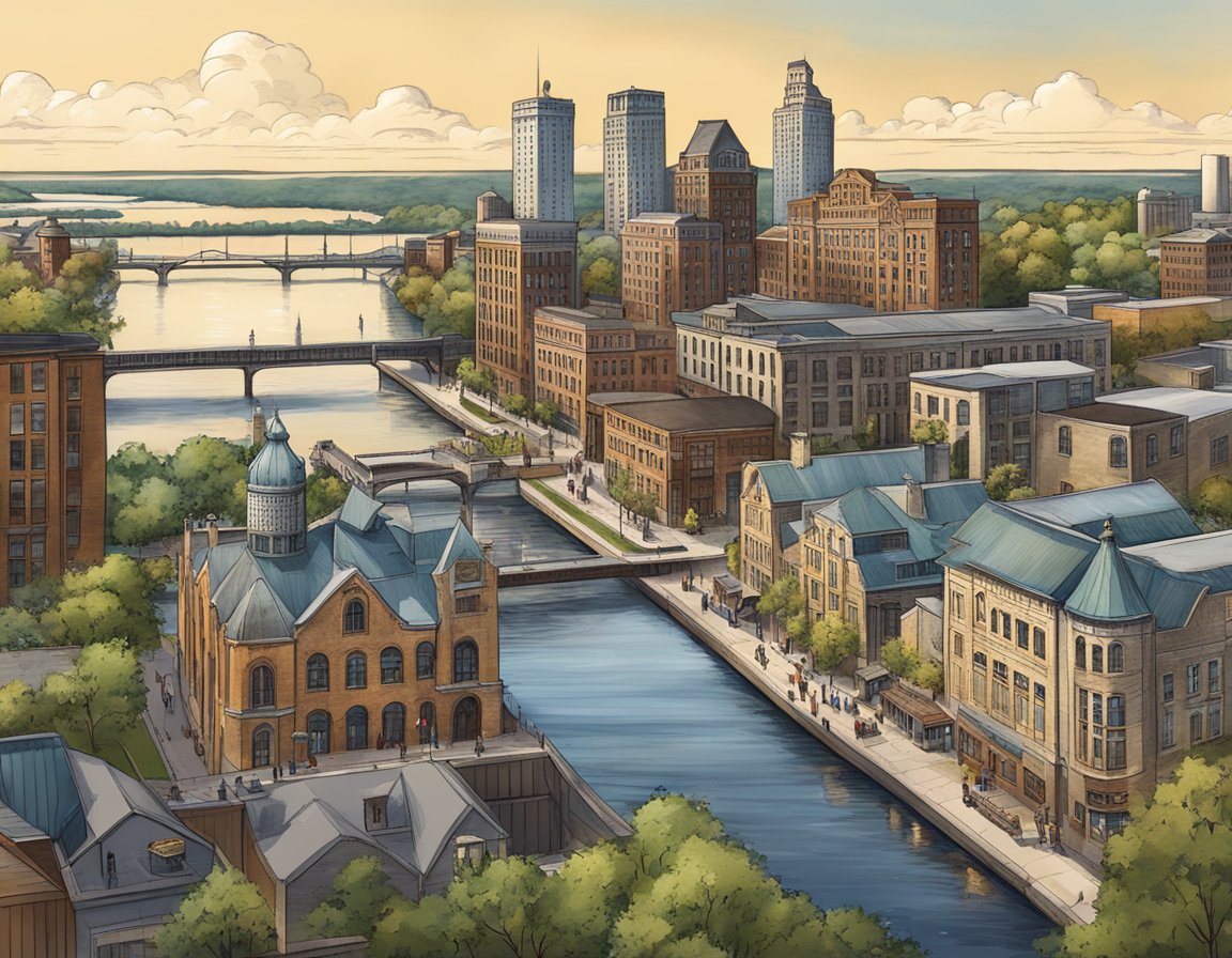 A bustling brewery district with historic buildings and beer gardens, surrounded by the scenic Milwaukee River and Lake Michigan