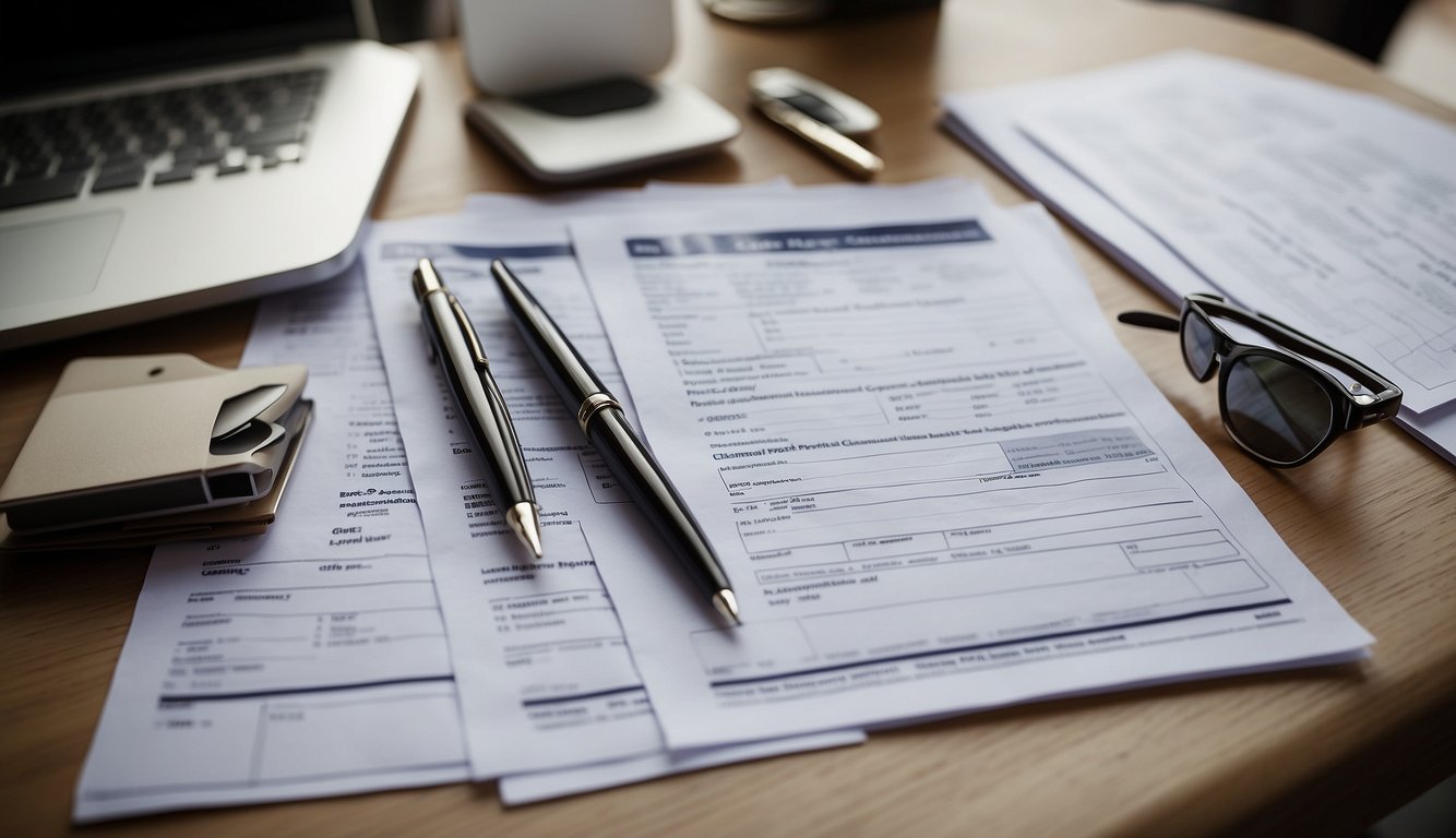 A cluttered desk with a pen, paper, and computer. A stack of commission order forms with various details and checkboxes