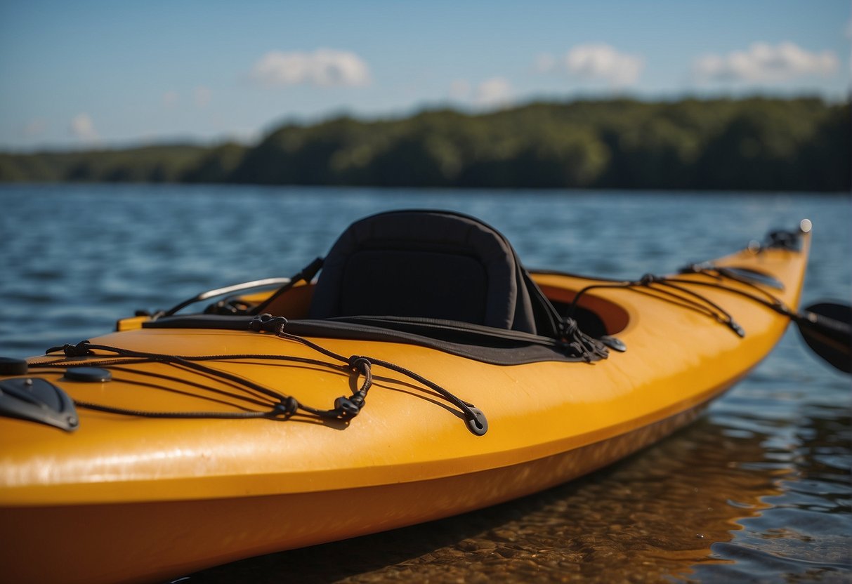 A kayak resting on a sturdy rack, with straps securing it in place. A person inspecting the kayak's hull, handles, and straps for any signs of wear or damage