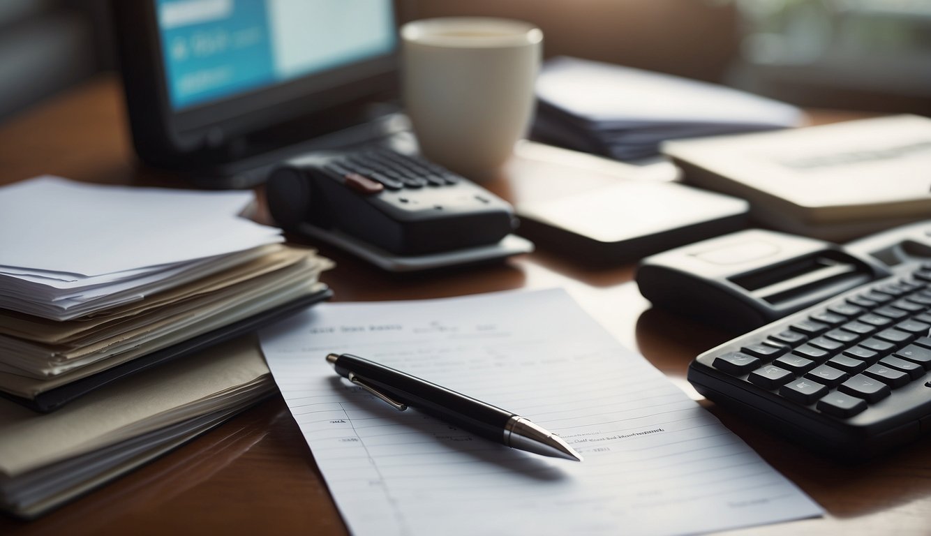 A cluttered desk with a pen, paper, and computer. A stack of completed forms sits nearby