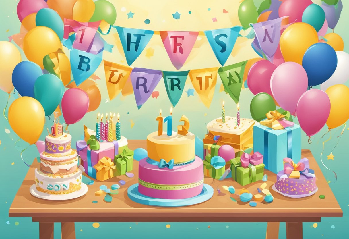 A colorful banner with "1st Birthday Quotes for Son" hangs above a table with a birthday cake, balloons, and gifts. A joyful atmosphere fills the room
