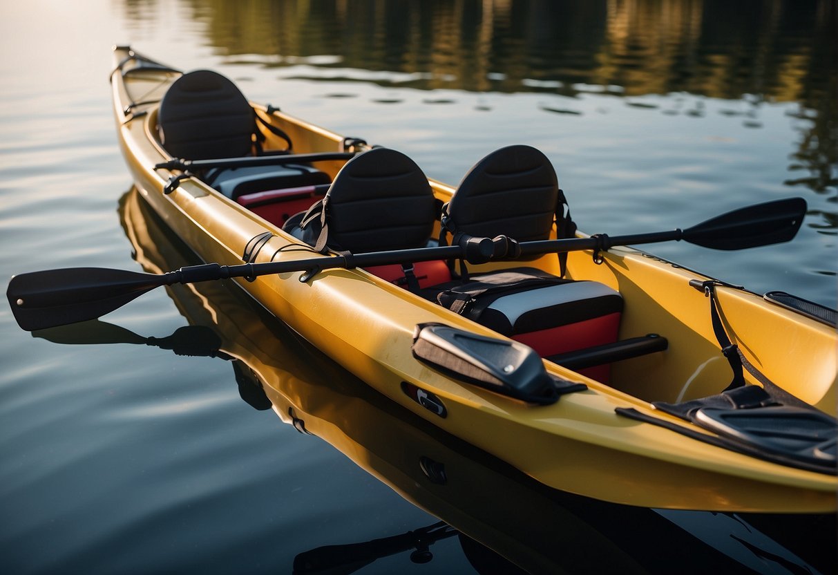 A kayak equipment inspection reveals paddles and steering mechanisms laid out on a clean, well-lit surface