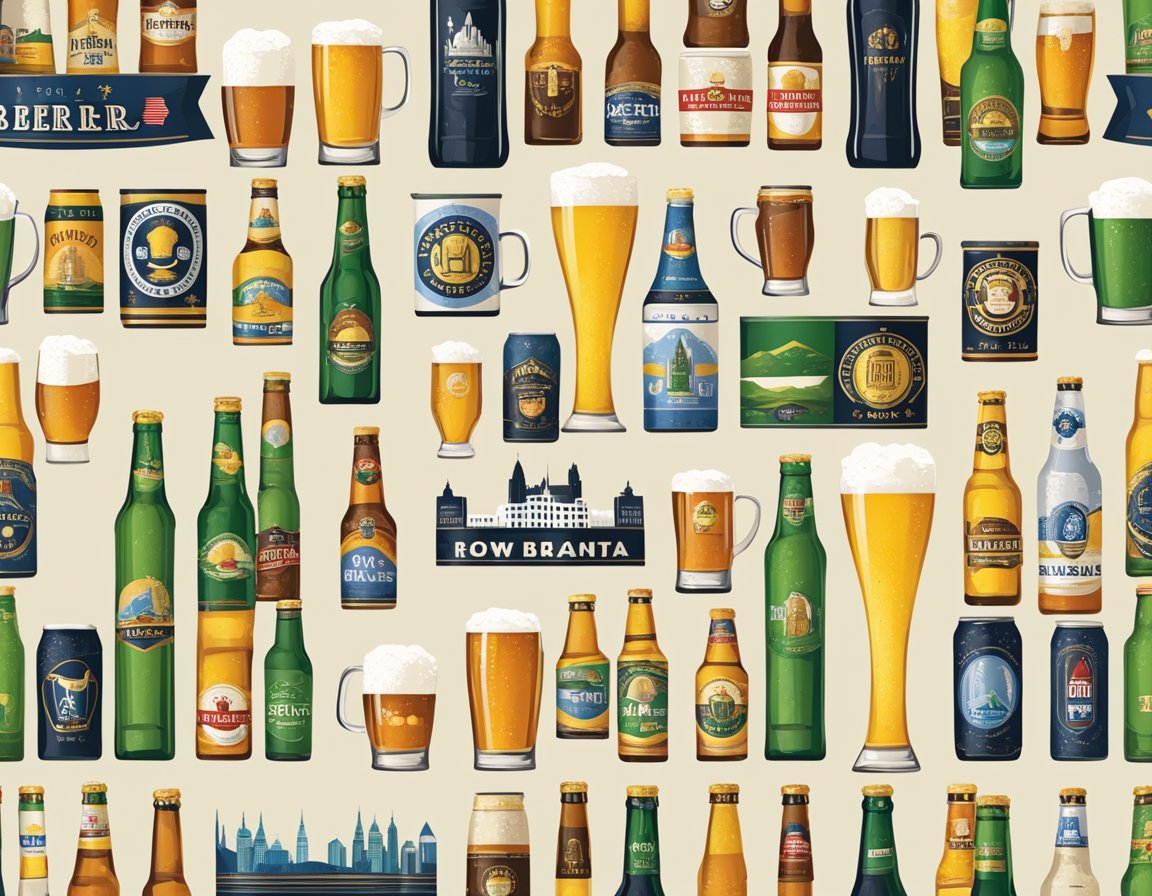 A row of iconic beer landmarks from around the world, each representing a different beer capital, with flags and signs displaying their respective names
