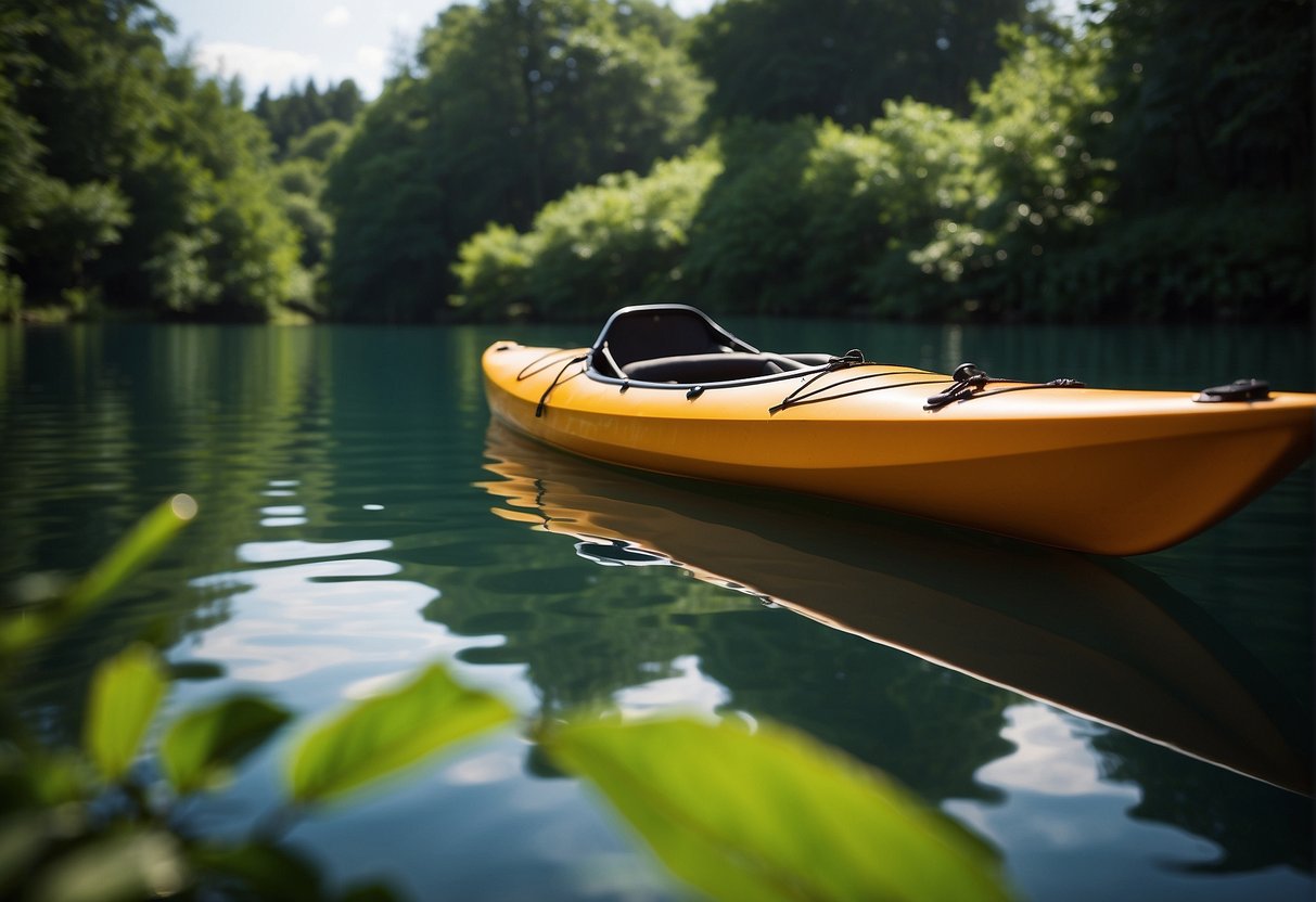 A kayak floating on calm water, surrounded by lush greenery. Equipment laid out for inspection on a wooden dock