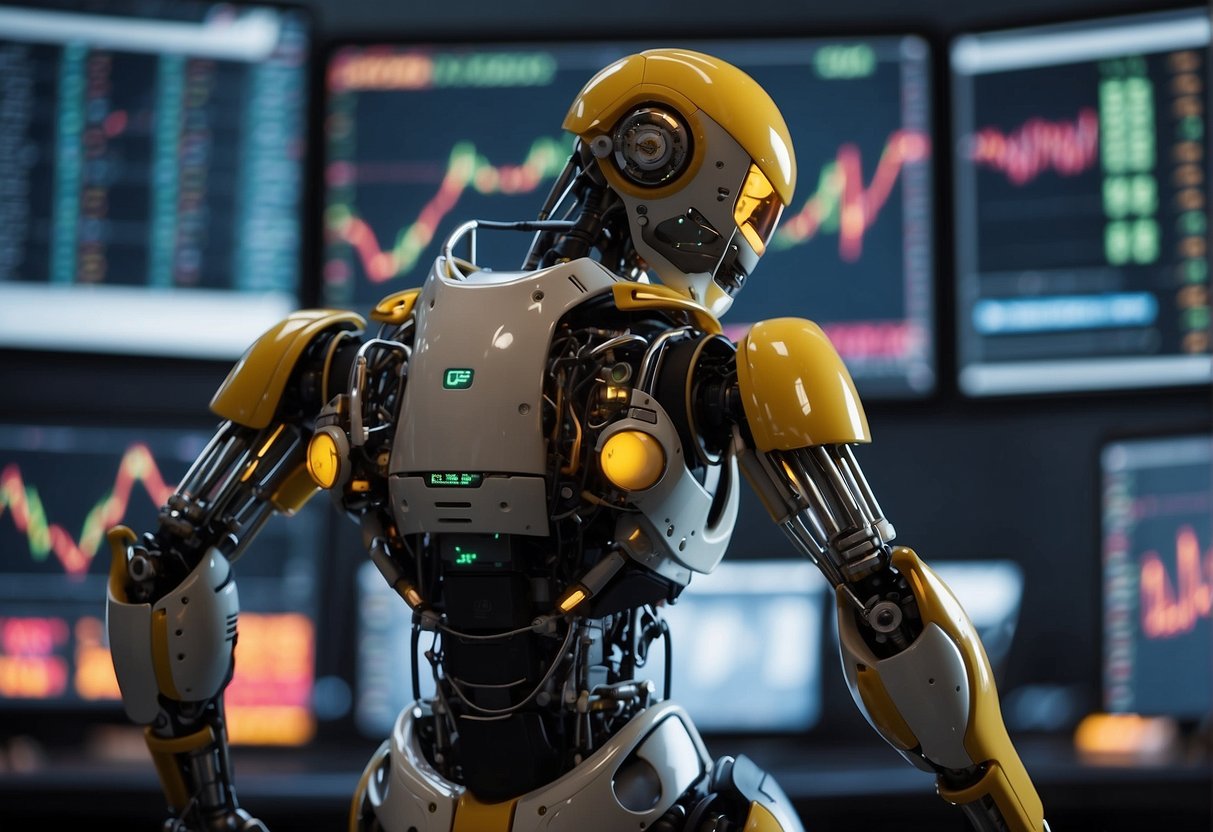 A gridbot trading robot scans market data, executes trades, and manages risk autonomously. It operates on a computer screen with multiple charts and data feeds