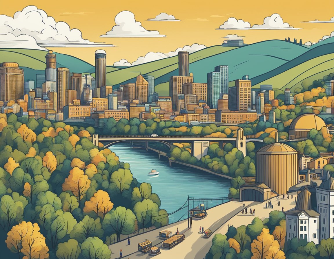 A bustling city skyline with brewery silos and beer gardens, surrounded by rolling hills and rivers. A beer festival in full swing, with lively music and people enjoying a variety of craft beers