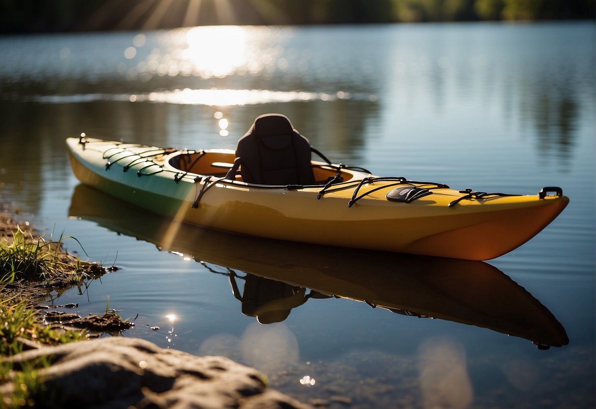 A kayak sits on a calm, sunny lake shore. The bright sun shines down, casting a warm glow on the watercraft. The equipment is neatly laid out, ready for inspection