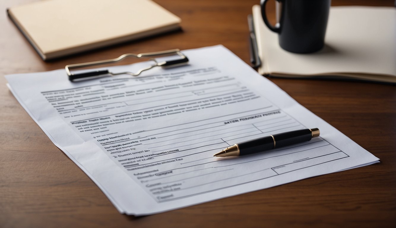 A stack of completed teacher feedback forms sits on a desk, with a pen resting beside them. The forms are neatly organized and ready for review