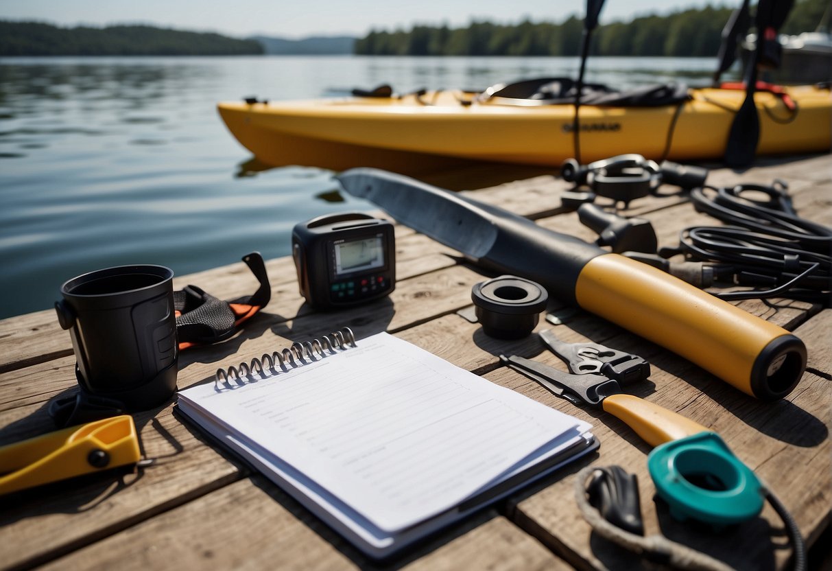 A kayak sits on a dock, surrounded by tools and a checklist. A person's hand reaches out to inspect the equipment, while a notebook with maintenance records lies open nearby