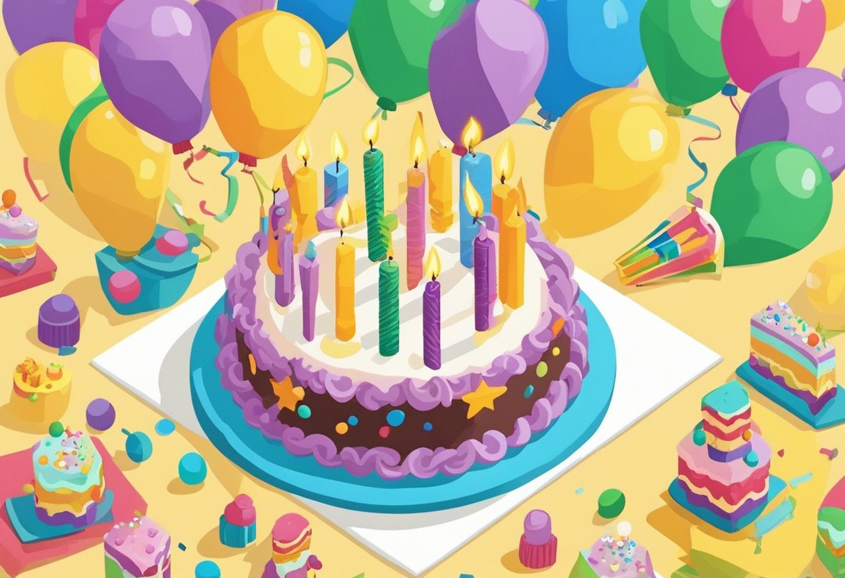 A colorful cake with two candles, surrounded by toys and balloons, as a young boy eagerly reaches out to blow out the candles
