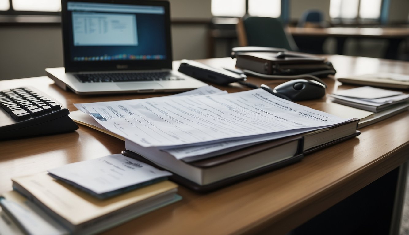 A teacher's desk with a stack of feedback forms, a pen, and a computer displaying student data