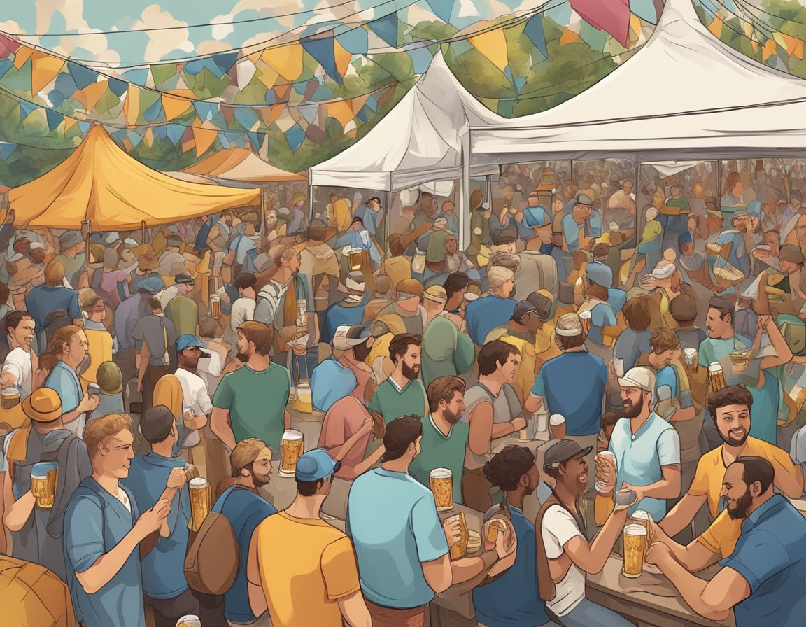 A bustling beer festival with diverse breweries, lively music, and enthusiastic beer enthusiasts from around the globe