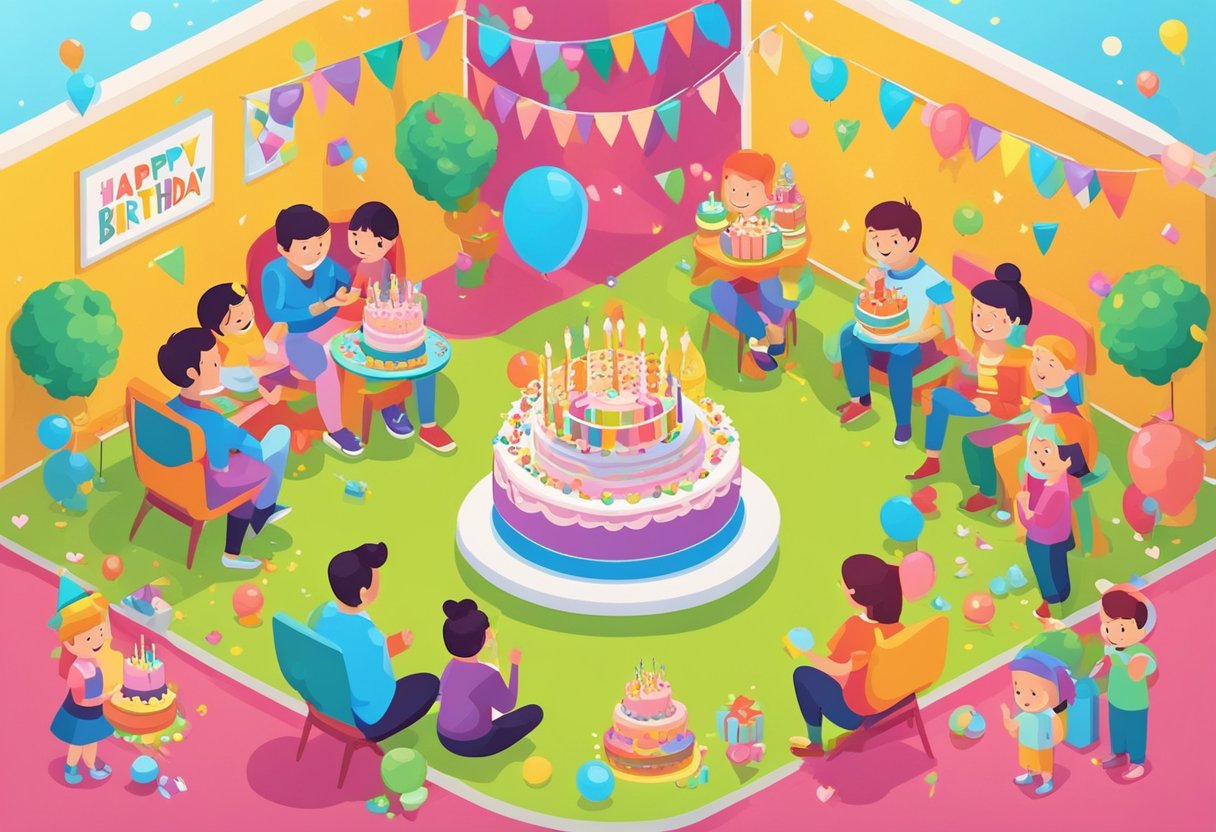 A cheerful toddler's birthday party with colorful decorations and a cake, surrounded by loving family and friends
