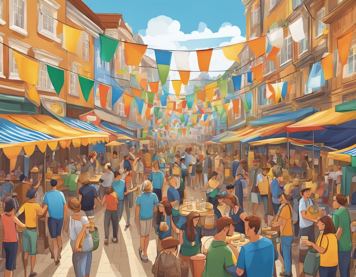 A bustling beer festival with people enjoying various brews from around the world. Flags and banners representing different countries line the streets, creating a vibrant and international atmosphere