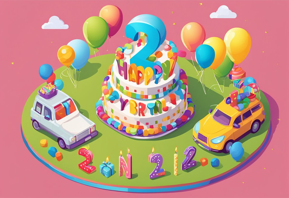 A colorful birthday cake with two candles, surrounded by toys and balloons, with a banner that reads "Happy 2nd Birthday Son" in a cheerful and vibrant setting
