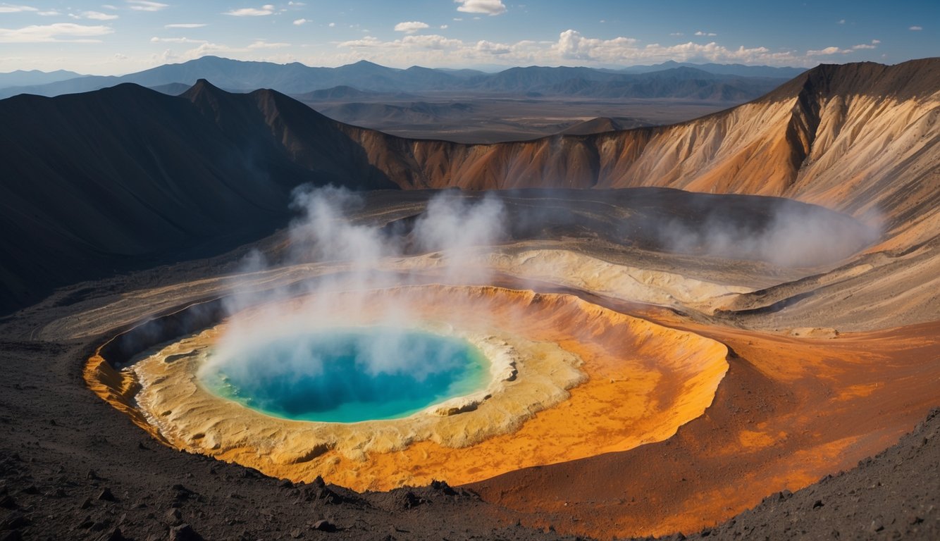 A bubbling caldera with slack logo, integrating forms plugin, surrounded by volcanic landscape