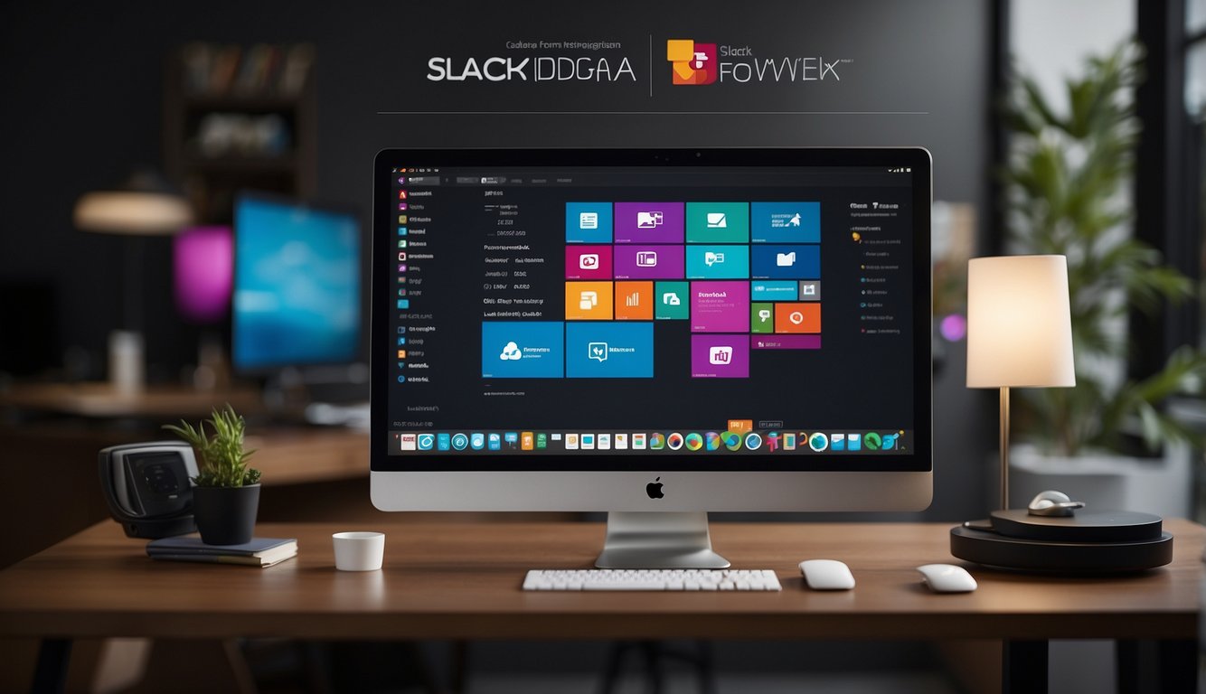 A computer screen displaying the Slack and Caldera Forms Integration plugin with both logos visible and a seamless connection between the two platforms