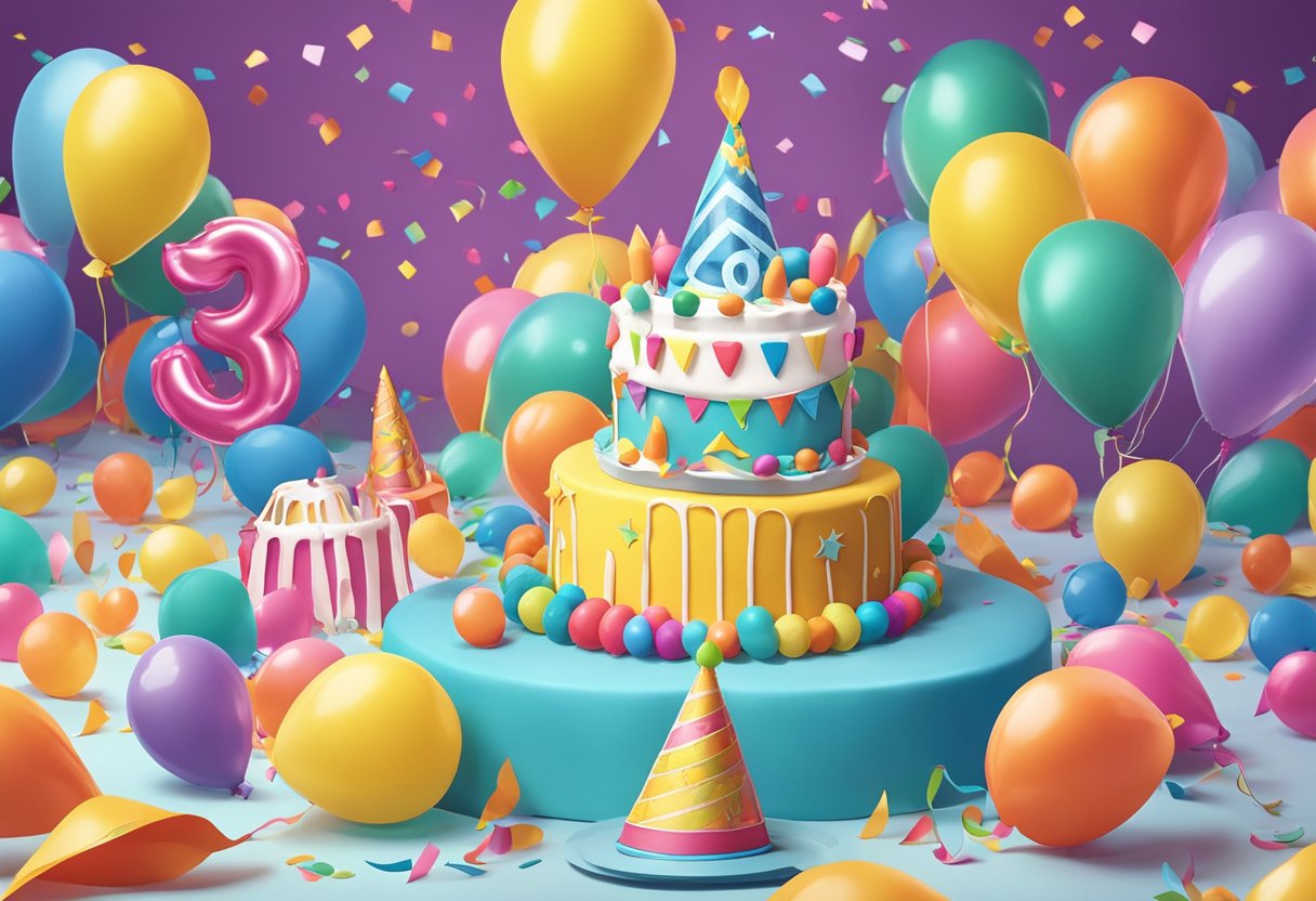 A colorful party hat sits atop a frosted cake with "Happy 3rd Birthday" written in bold letters. Streamers and balloons fill the room with excitement
