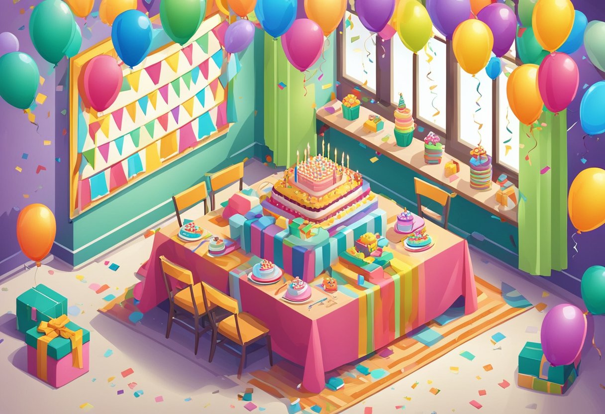 A colorful birthday banner hangs above a table with a cake and presents. Balloons and confetti decorate the room