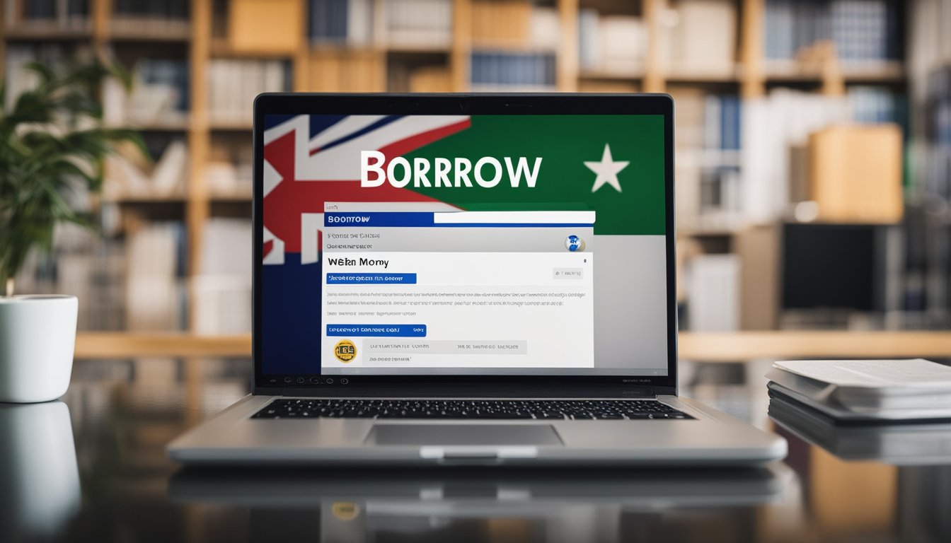 A laptop displaying a website with the words "Borrow Money Online" and a Singaporean flag in the background