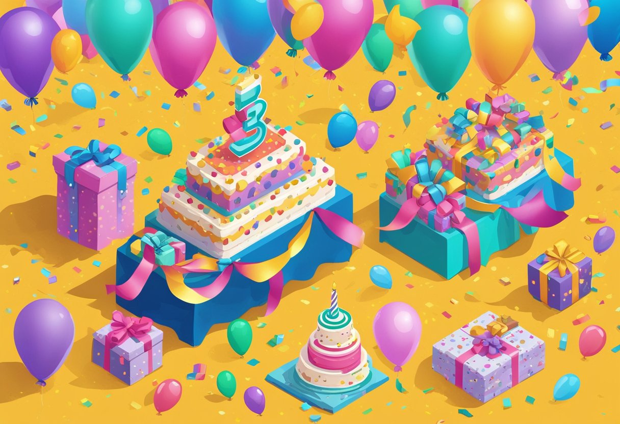 A colorful birthday banner hangs above a table covered in confetti and presents. A large number "3" balloon floats in the air, surrounded by smaller balloons