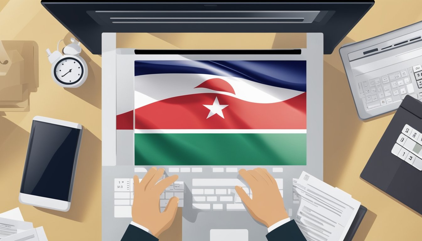 A laptop with a Singaporean flag background sits on a desk, surrounded by financial documents and a calculator. A hand reaches for the mouse, ready to apply for an online loan