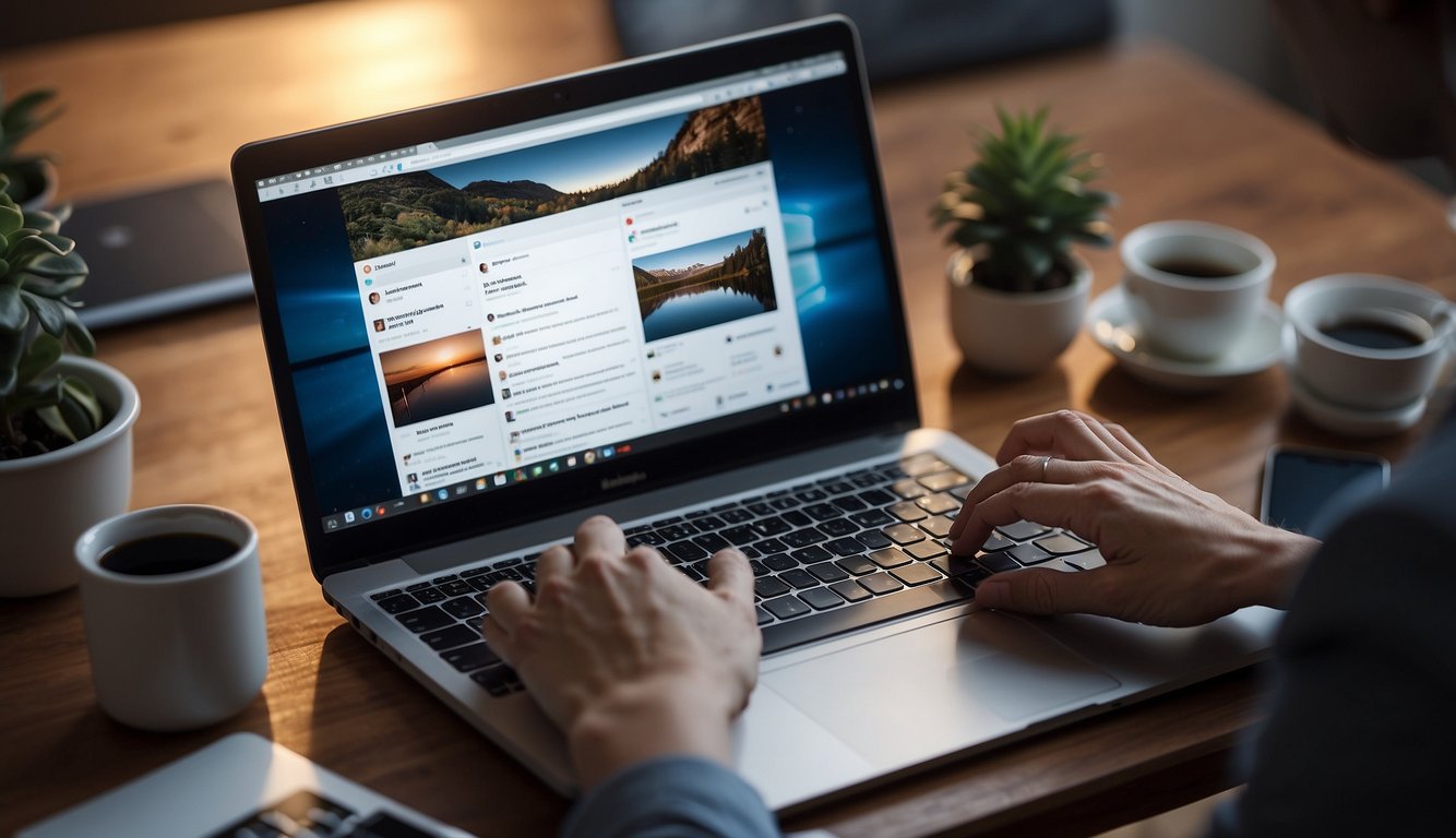 A person sitting at a desk with a laptop open, typing on the keyboard, with a smartphone next to the laptop displaying the Instagram app