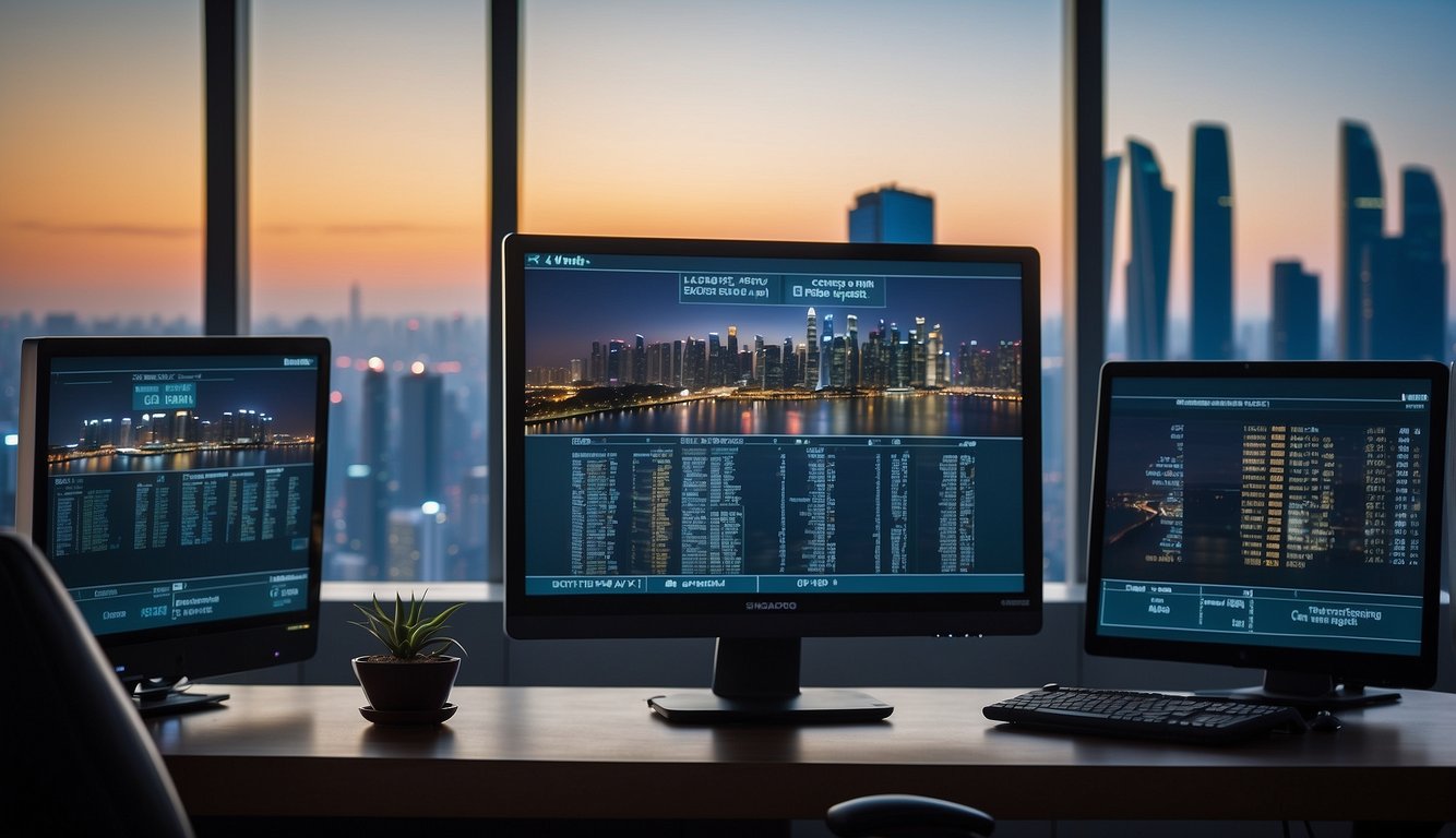 A computer screen displaying SIP investment options with Singapore skyline in background