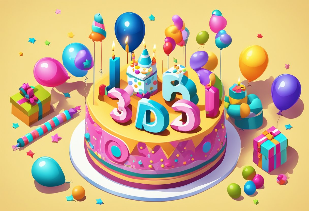 A colorful birthday cake with three candles, surrounded by toys and balloons, with "Happy 3rd Birthday" written in bold letters