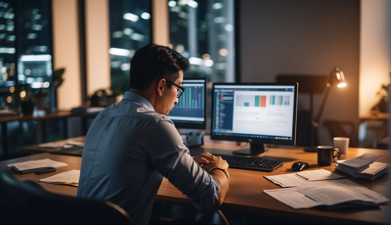 A person sitting at a desk, surrounded by financial documents and a laptop, researching SIP investment in Singapore