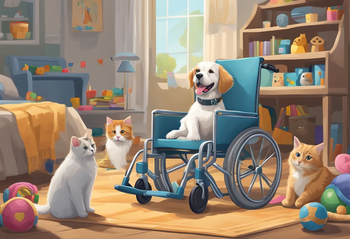 A wheelchair-bound dog plays joyfully with a blind cat, surrounded by toys and love