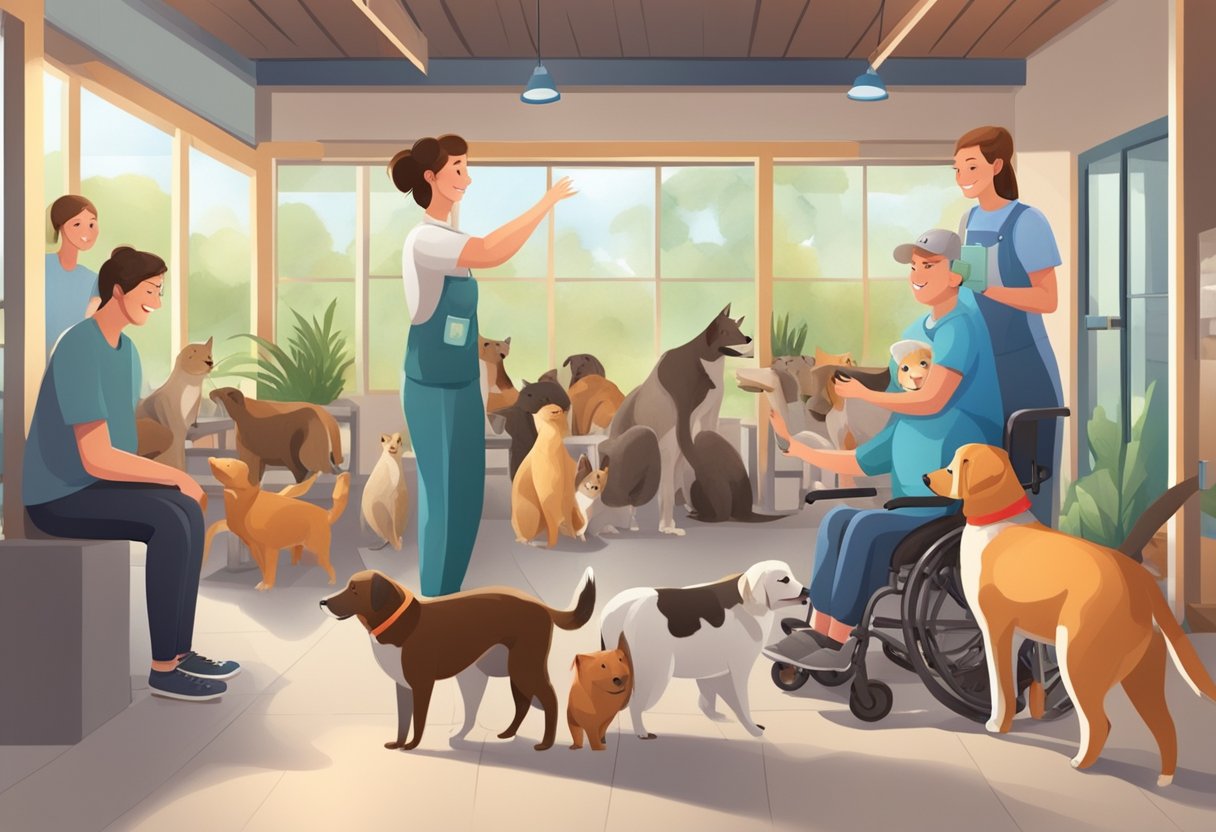 An animal shelter with a variety of animals, some with physical disabilities, happily interacting with each other and receiving love and care from their human caretakers