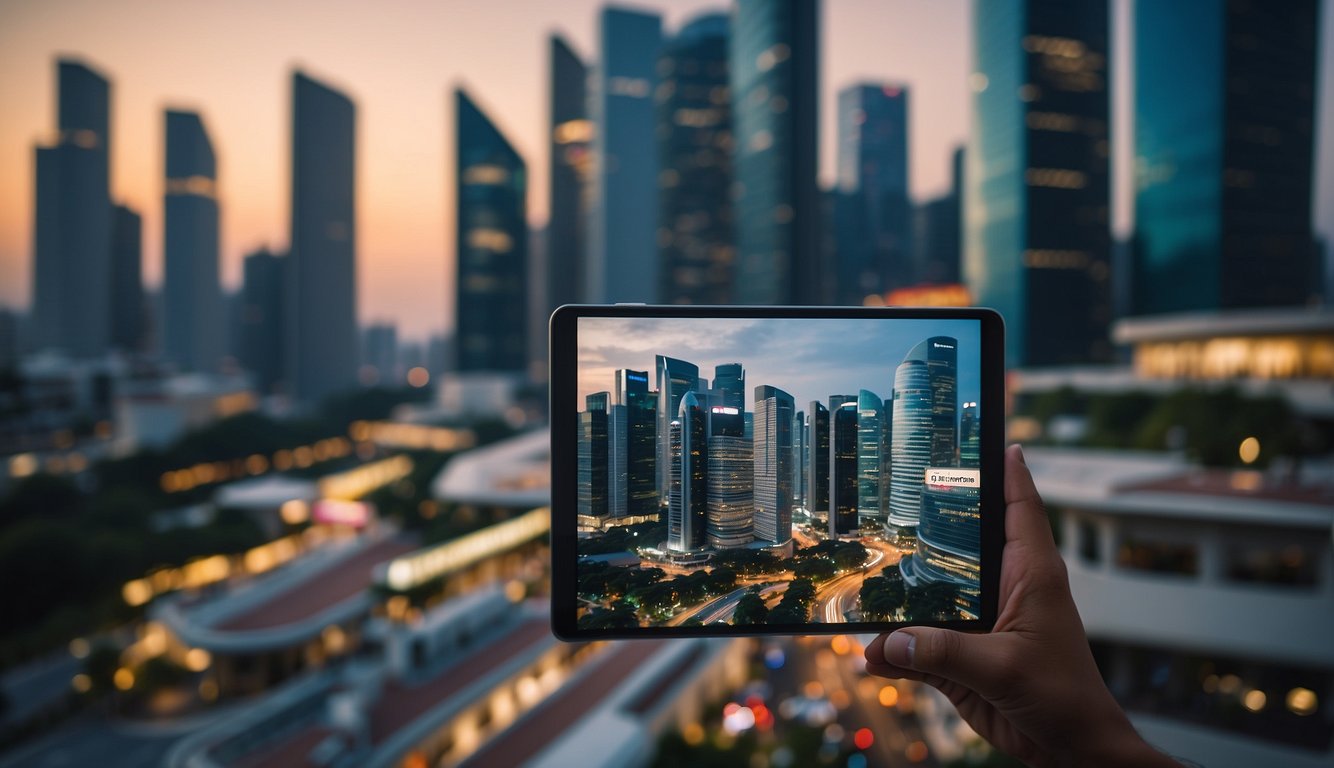 A bustling Singapore cityscape with iconic financial buildings, a person researching investment strategies on a digital device, and a prominent "SIP Investment" sign