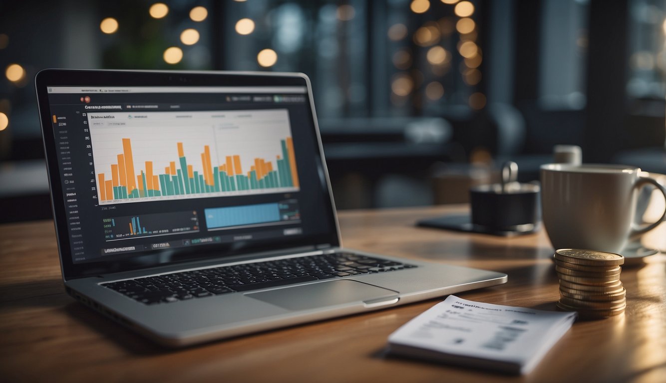 A table with a laptop, financial documents, and a pen. A graph showing investment growth on the laptop screen. A piggy bank and a stack of coins on the table