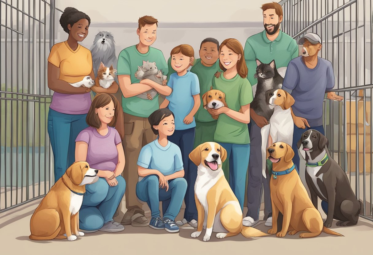 A group of special needs animals, including dogs and cats, eagerly await their new families at an animal shelter. Each animal is unique and full of hope for a loving home