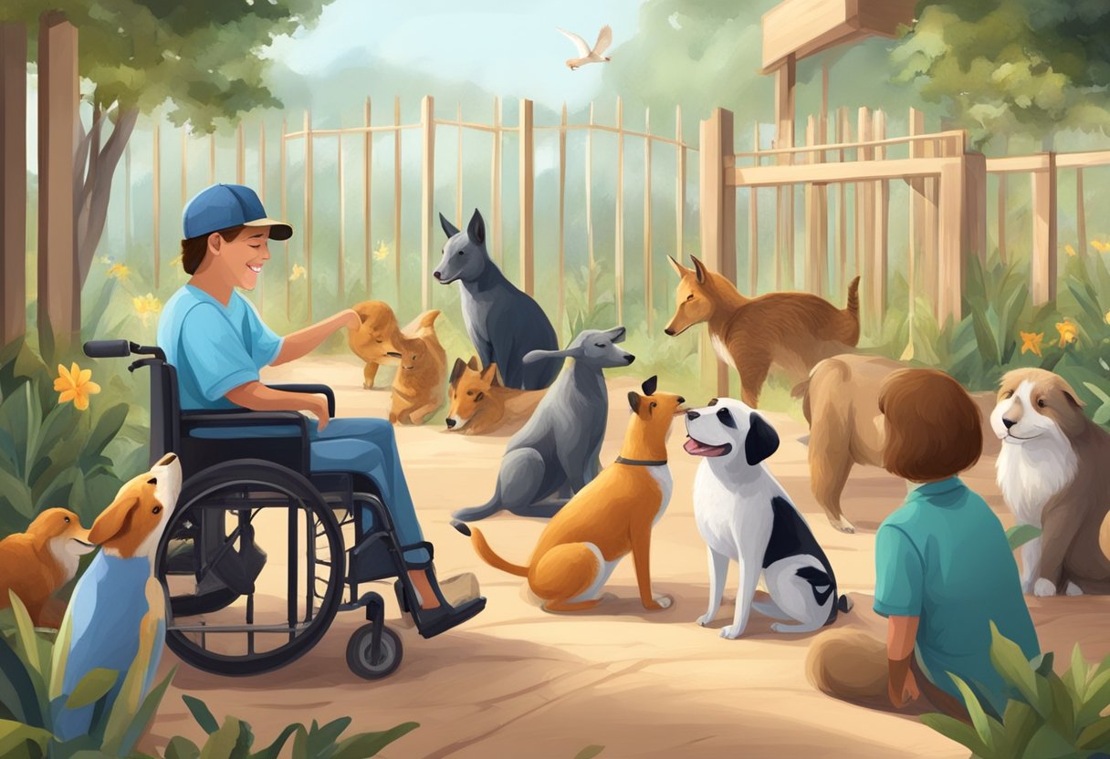 Animals with disabilities playing happily in a loving sanctuary, receiving care and attention from compassionate volunteers