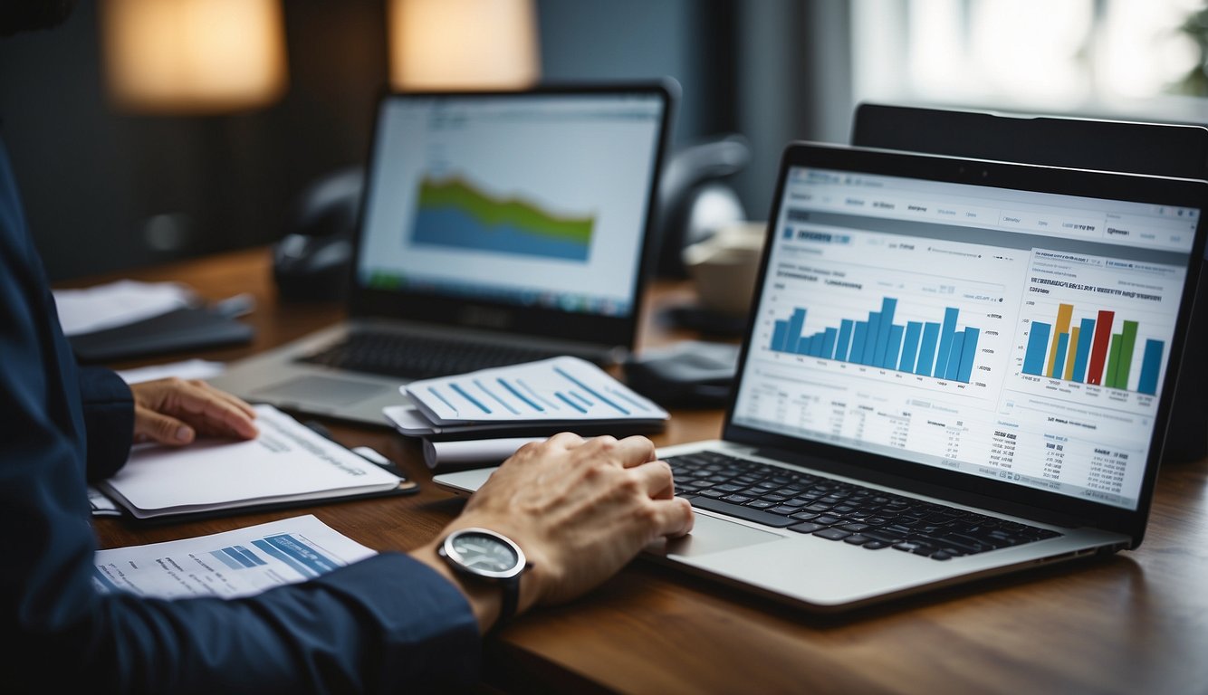 A person researching SIP investment options, with a laptop and financial documents, surrounded by graphs and charts