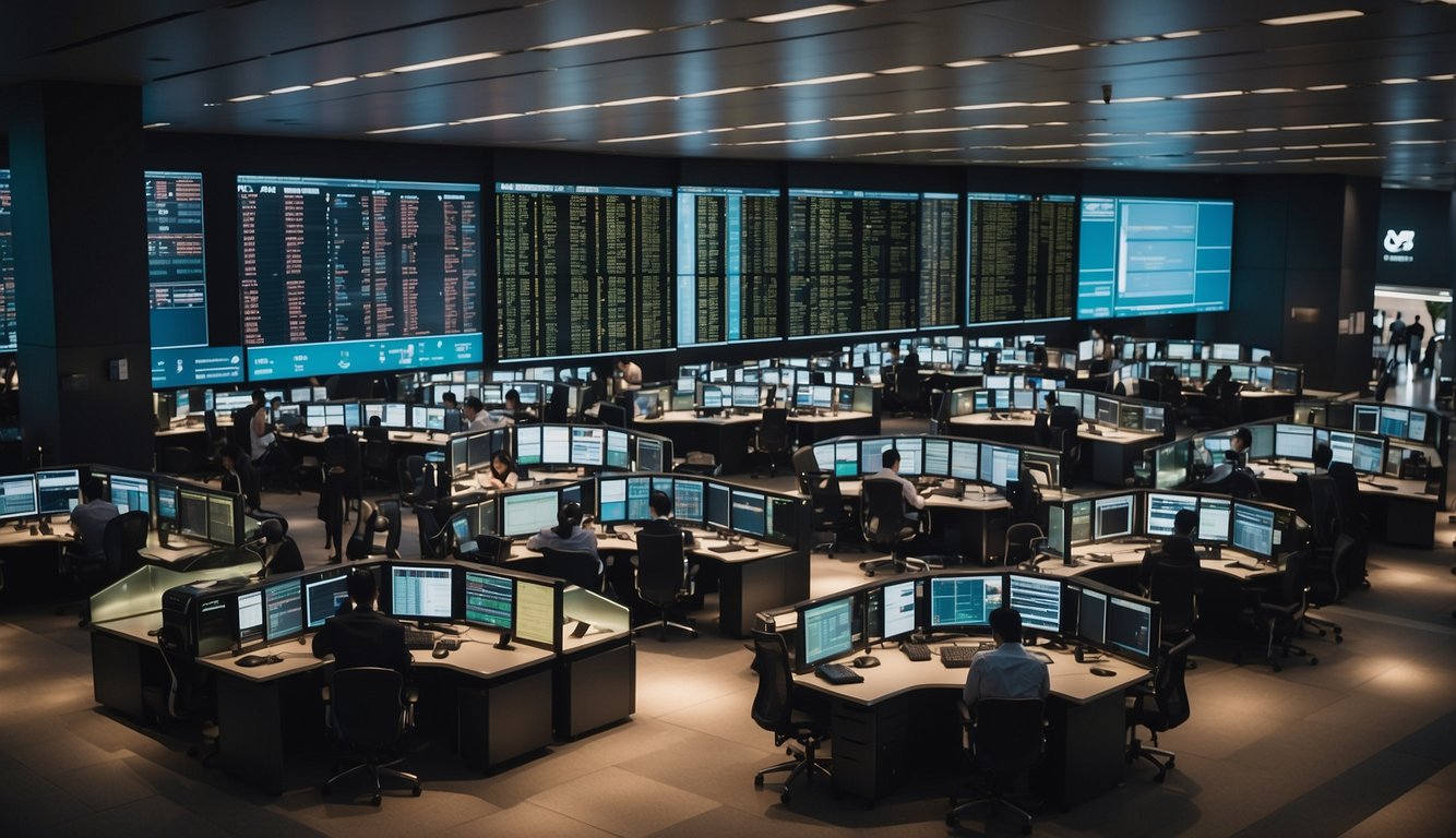 A bustling Singapore stock exchange with traders and digital screens, showcasing the fast-paced world of low commission brokerage
