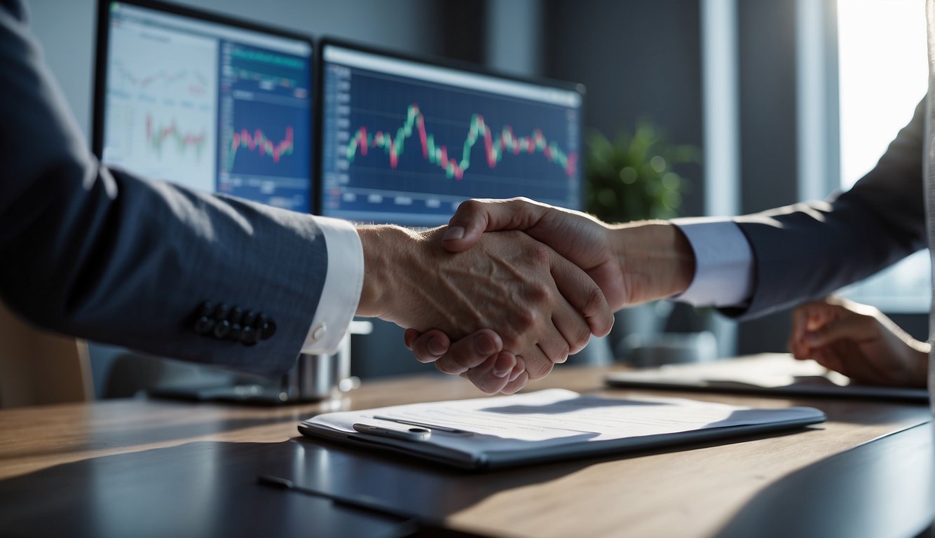 A person shaking hands with a broker in an office, surrounded by charts and graphs showing financial growth and success