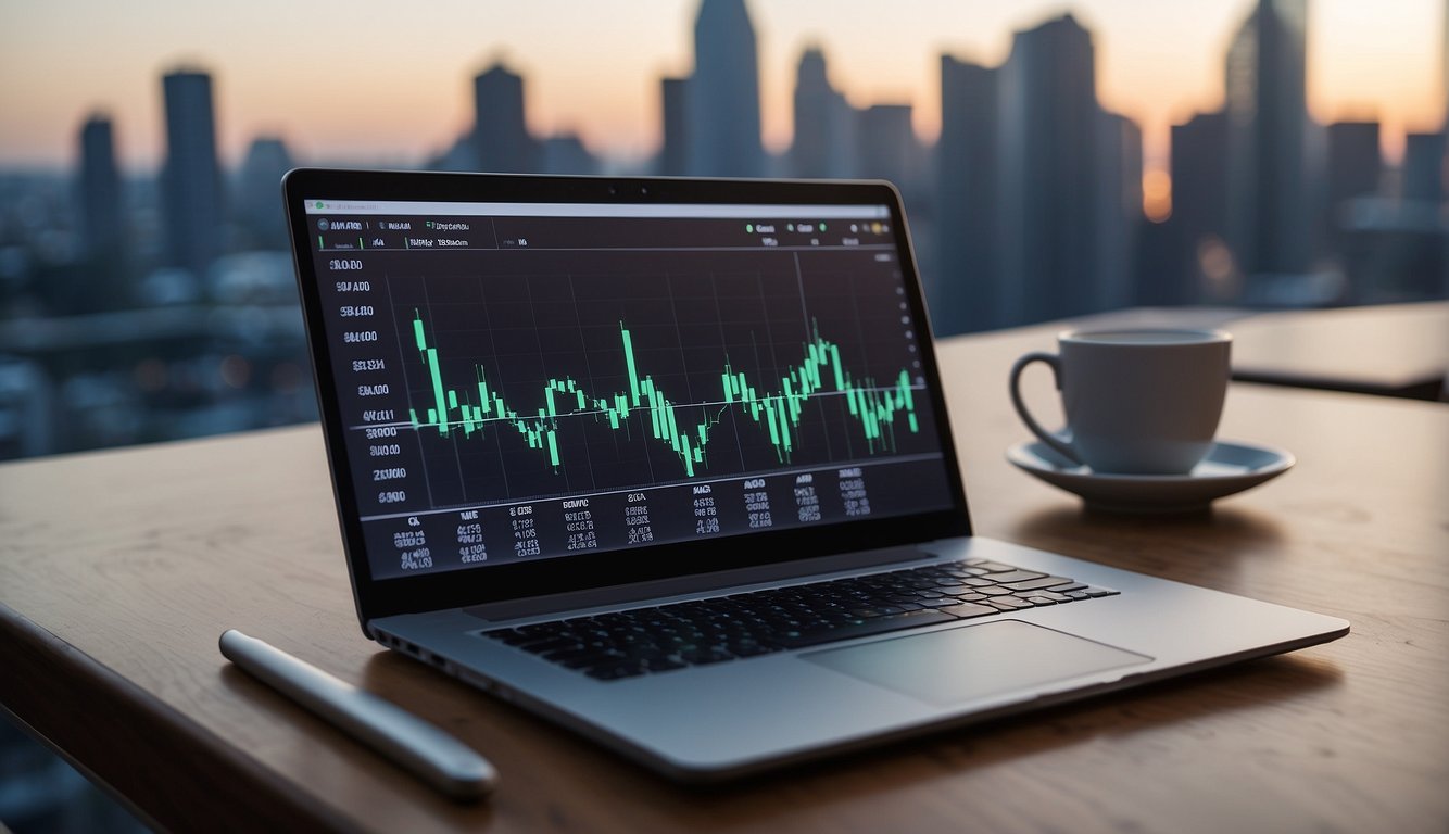 A table with a laptop, coffee mug, and financial documents. A graph showing investment growth on the laptop screen. City skyline in the background
