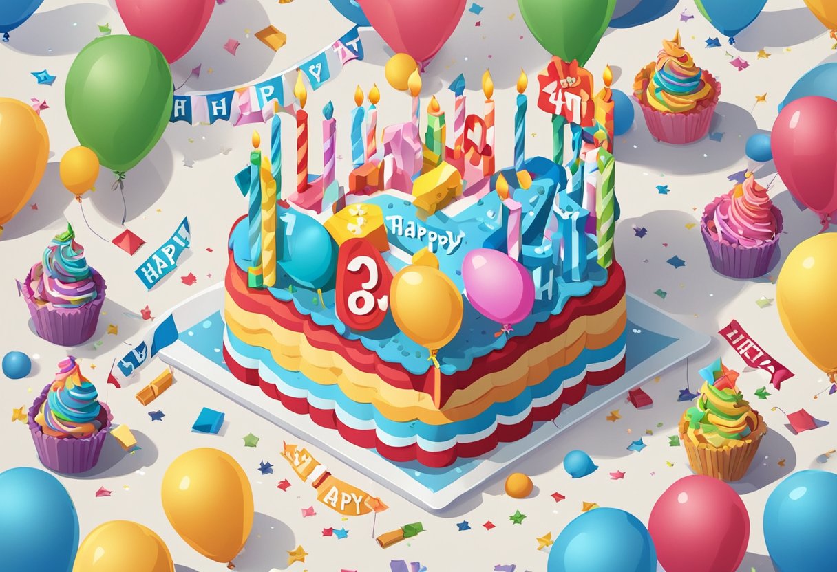 A colorful birthday cake with "Happy 4th Birthday" written in icing. Balloons and streamers surround the table. Gifts and toys are scattered around