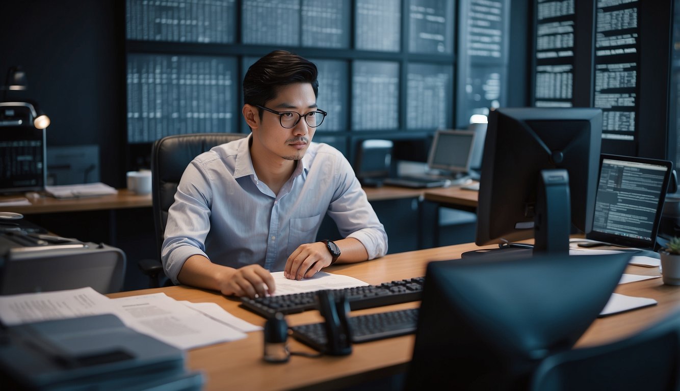 A person sitting at a desk, surrounded by financial documents and a computer. They are deep in thought, contemplating their investment options in Singapore