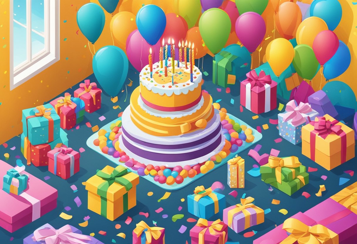 A colorful birthday banner hangs above a table filled with presents and a birthday cake. Balloons and confetti decorate the room, creating a festive atmosphere