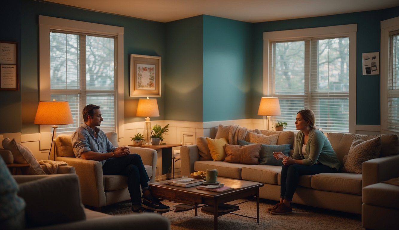 A person sits in a cozy room, surrounded by comforting colors and soft lighting. A supportive counselor listens attentively, offering empathy and understanding