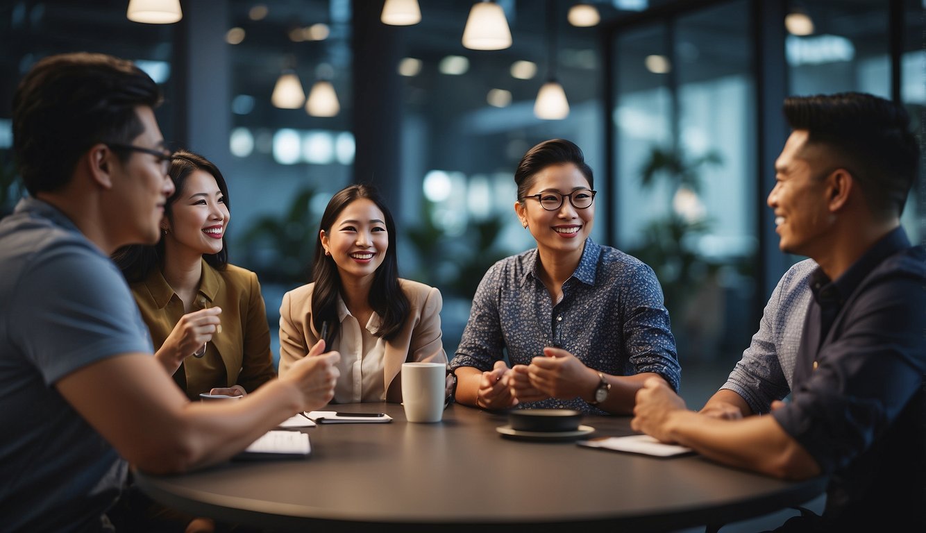 A group of people in Singapore discussing financial benefits with a low commission broker, emphasizing their standout features