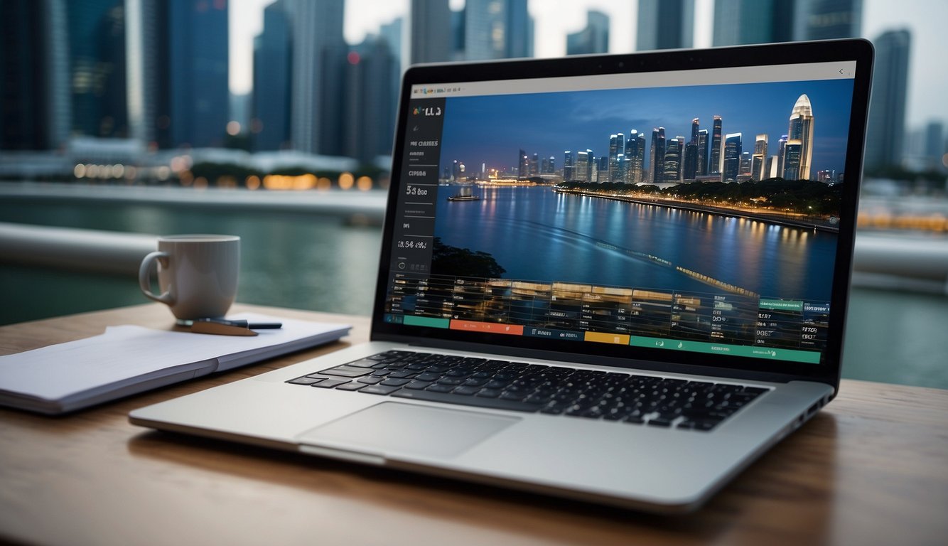 A table with a laptop, financial charts, and a Singapore city skyline in the background. A planner and pen lay ready for note-taking