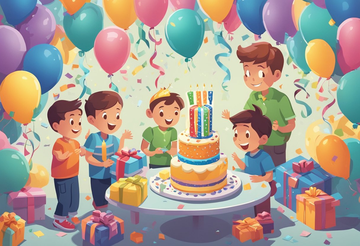 A colorful birthday party scene with balloons, presents, and a cake with "Happy 4th Birthday" written on it. A young boy's excited expression as he opens gifts